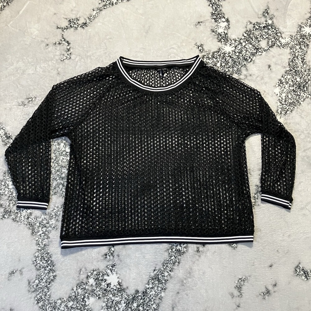 Torrid Top Womens Size 12 Black mesh long-sleeved top‎ with white striped trim.